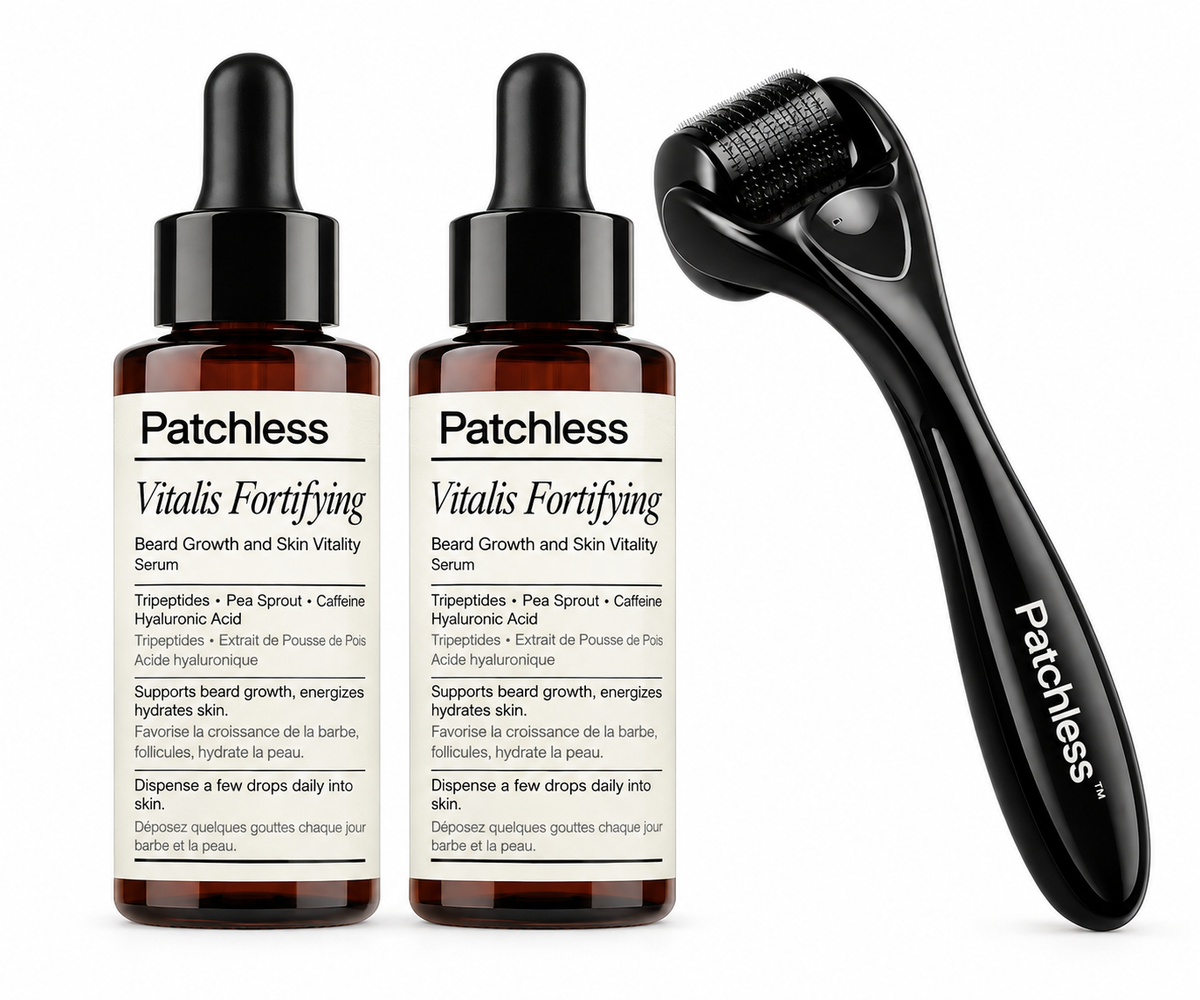 Patchless Vitalis Fortifying serum bottles and Patchless derma roller on a white background